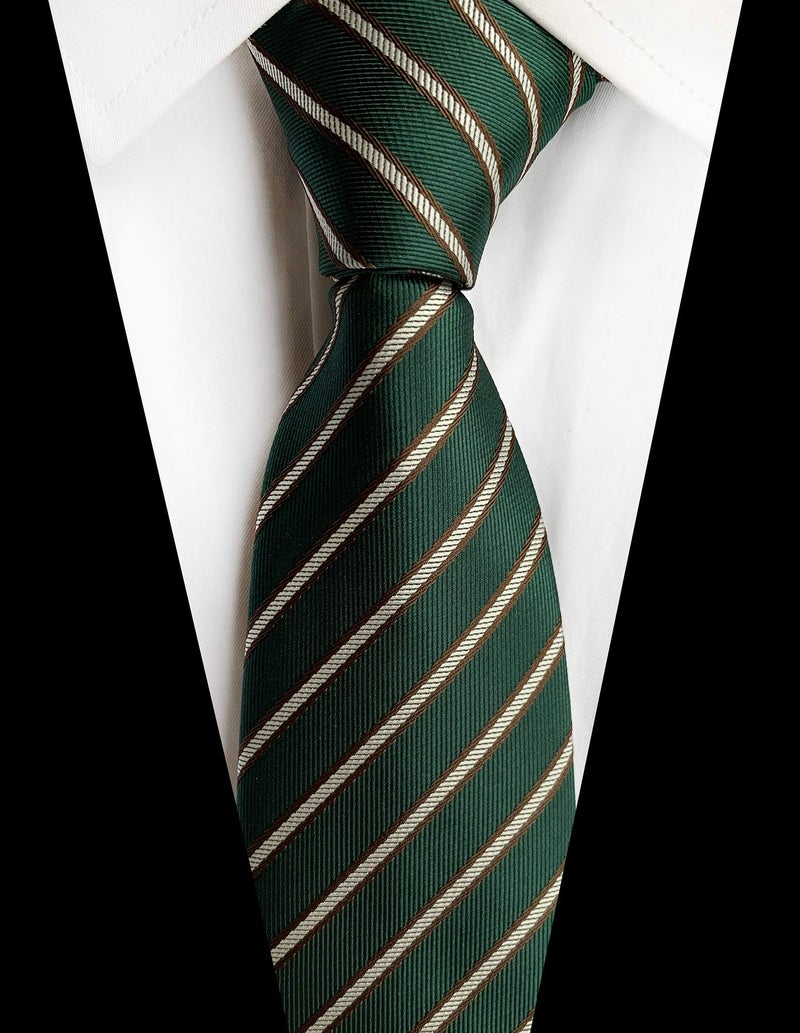 Elfeves Mens Slim Green White Brown Polyester Tie Stripe Pattern Wedding Neckties for St. Patrick's Day - Image 2